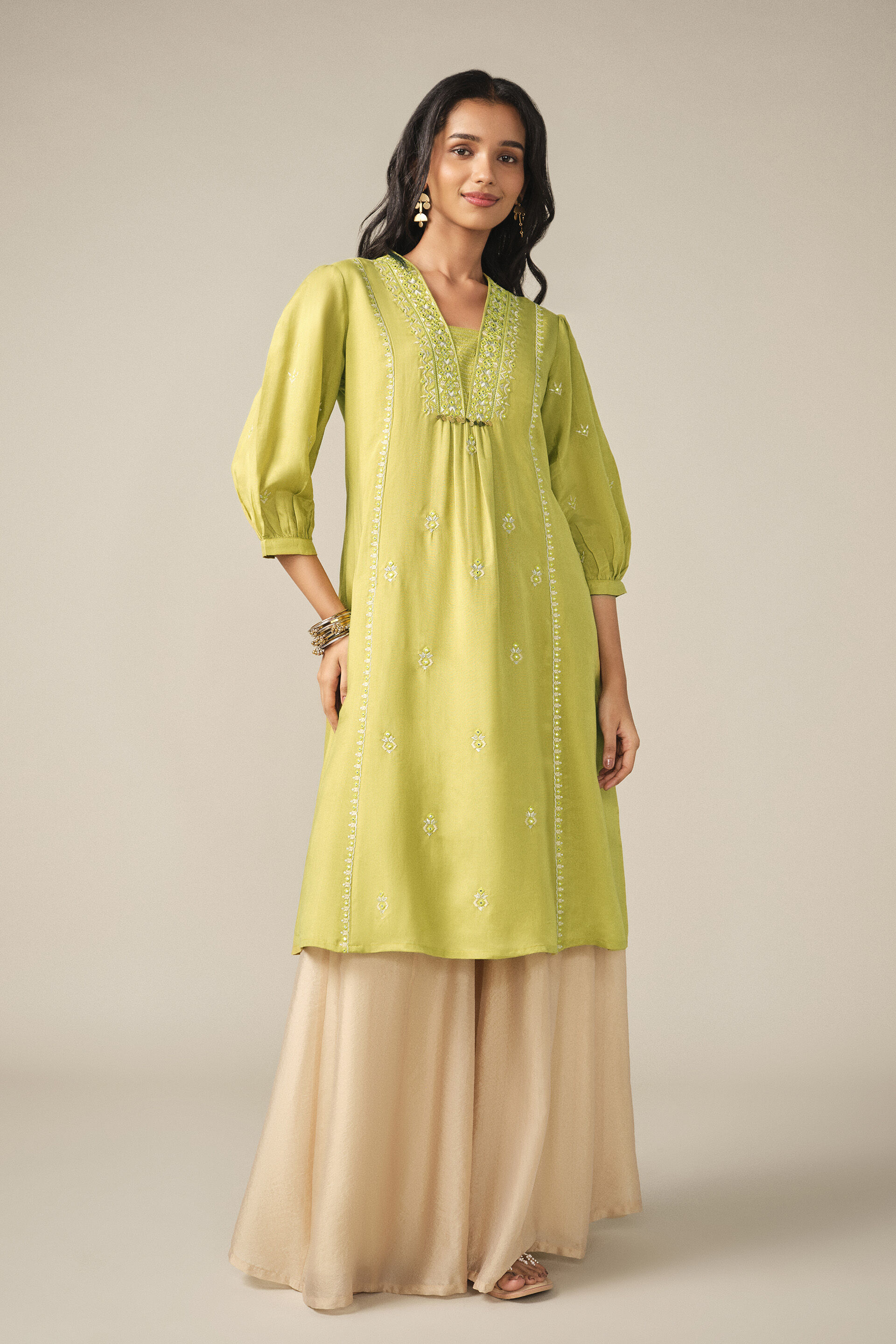 Embroidered A-line Kurta in Lime Green, Lime Green, image 5